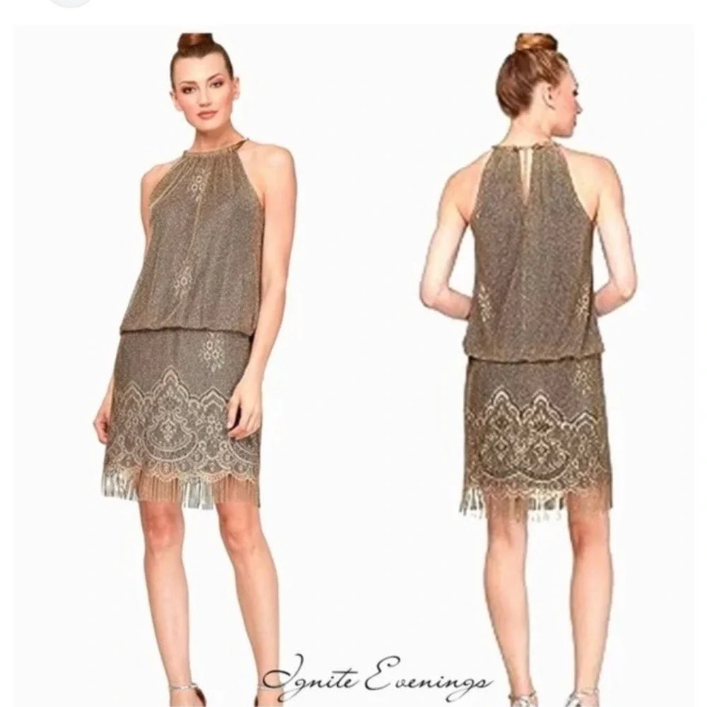 S.L. FASHIONS Women's Blouson  Halter Crochet Dress Flapper Fringe Sz 6 Gold NEW